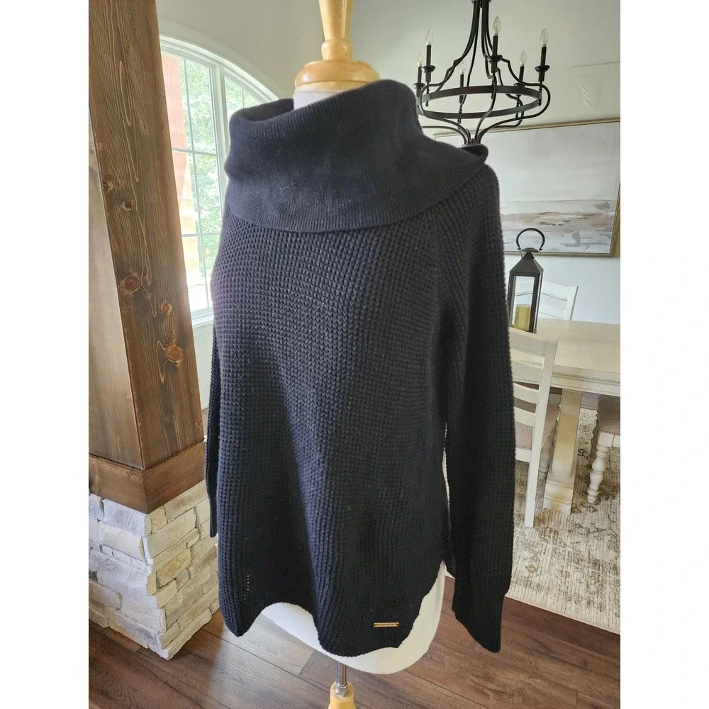 Michael Kors Womens Black Cowl Neck Waffle Knit Sweater Size Medium Cotton Blend
